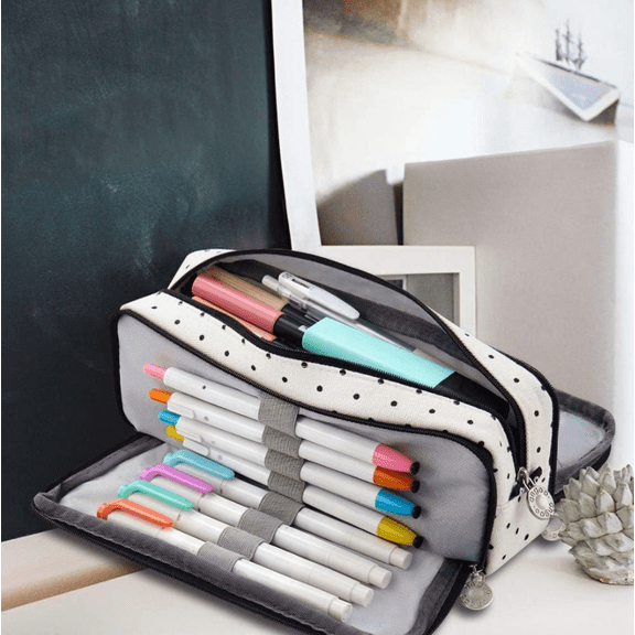 Large Pencil Case Big Capacity Pencil Pouch with 3 Compartments Canvas Pen Bag Marker Pen Bag Pencil Case for Women Black Polka Dot