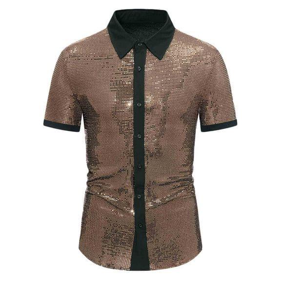 VSSSJ Men's Disco Shirt Sparkly Sequins Short Sleeve Button Down Shirts Slim Fit Lapel Stylish Dress Shirts 70s Party Costume Gold S