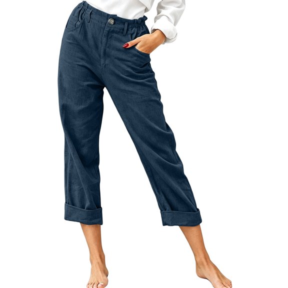 Hueook Womens Golf Pants Lounge Work S High Waisted Straight Leg Cotton and Linen Pants with Flared Casual Point Pocket Pants Navy M