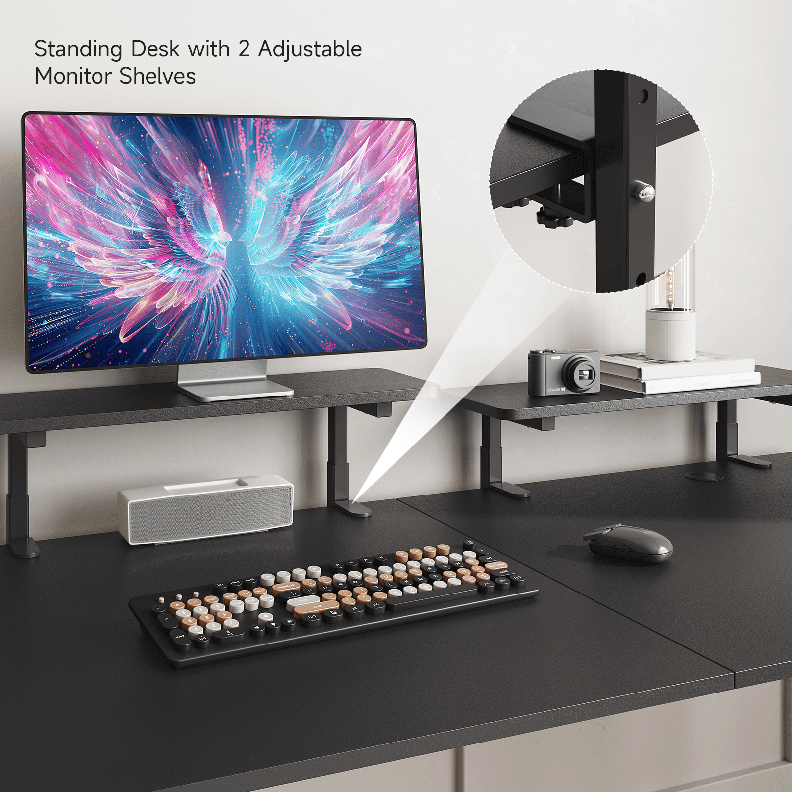 63 x 24 Inches Standing Desk with 2 Adjustable Monitor Shelves,  Electric Stand Up Desk Adjustable Height from 28-46 inches for Home and Office, Black