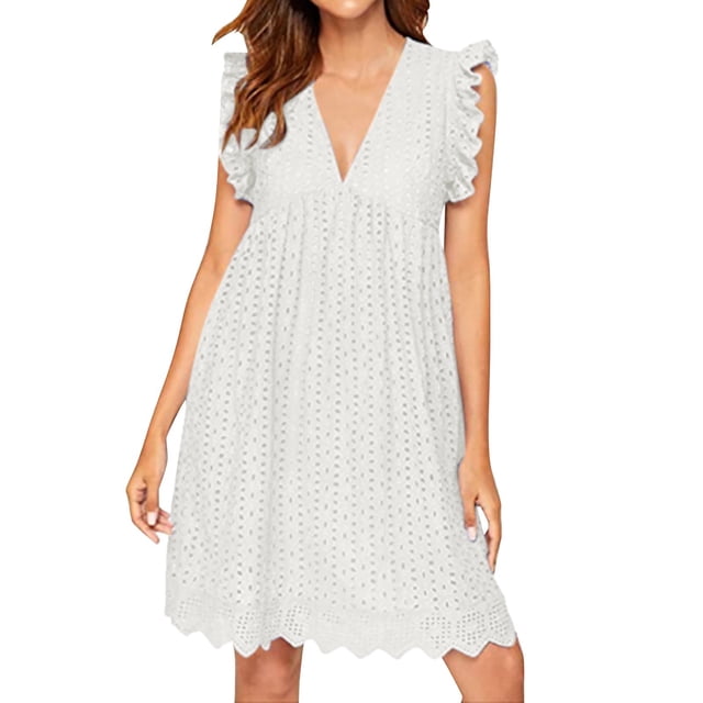Ketyyh-chn99 Robes d'Invitée de Mariage pour Femmes Grande Taille Robe Maxi Robe d'Été Manche à Volants Ample Fluide Plissée Robe Mini Blanc,TP
