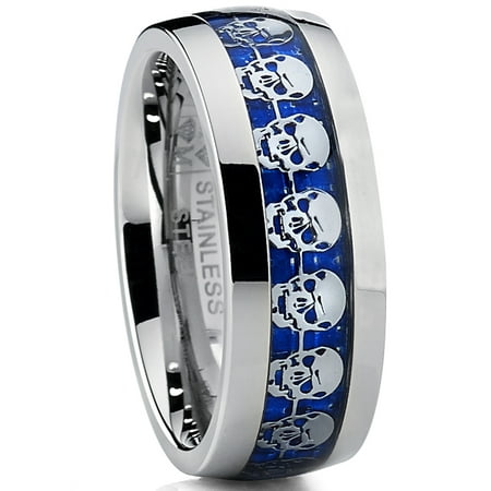Men's Dome Stainless Steel Ring Band with Blue Carbon Fiber and Halloween Skull Design
