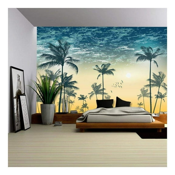 wall26 - Vector - Tropical Palm Tree Scene at Sunset or Sunrise Highly Detailed and Editable - Removable Wall Mural | Self-Adhesive Large Wallpaper - 66x96 inches
