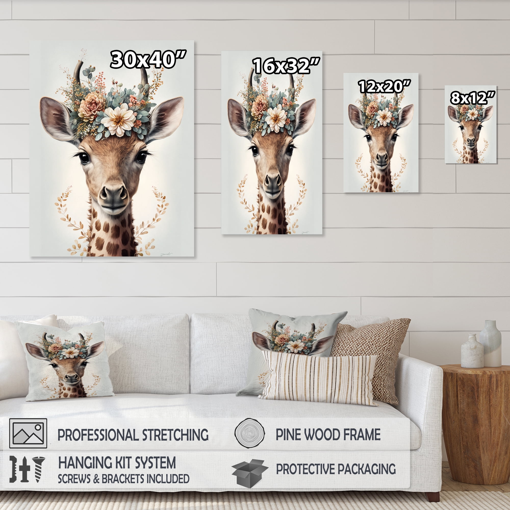 Designart Cute Baby Giraffe With Floral Crown I Canvas Wall Art