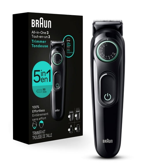 Braun Trousse de Style Tout-en-un Series 3 3450, Tondeuse 5-en-1 pour Hommes avec Tondeuse à Barbe, Tondeuse pour Oreilles et Nez, Tondeuse à Cheveux et Plus, Lame Ultra Coupante, 40 Réglages de Longueur, Batterie Rechargeable de 50 Minutes Cor