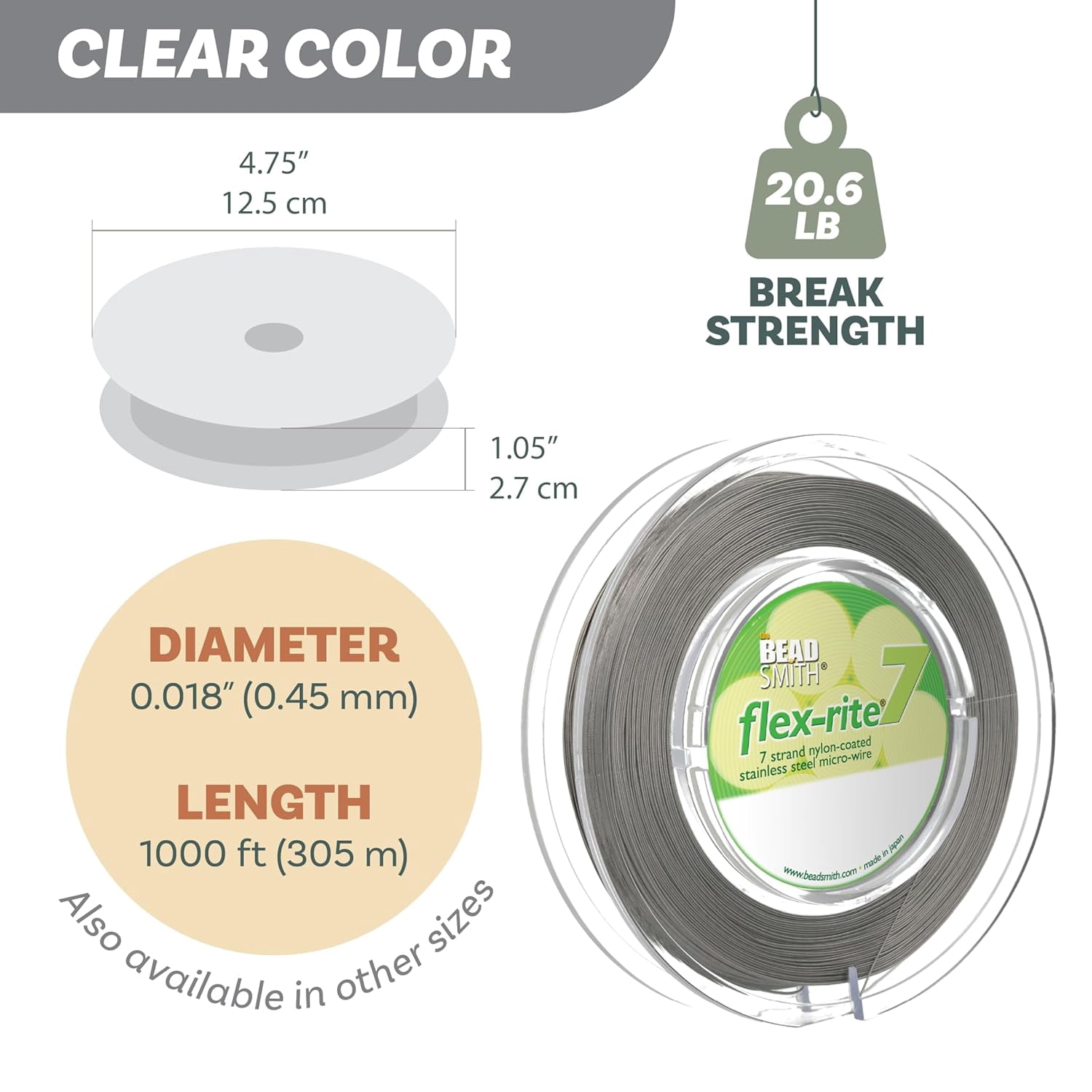 The Beadsmith Flex-Rite Beading Wire - 7-Strand, 0.018" (0.45 mm) Dia, Clear, 1000 ft