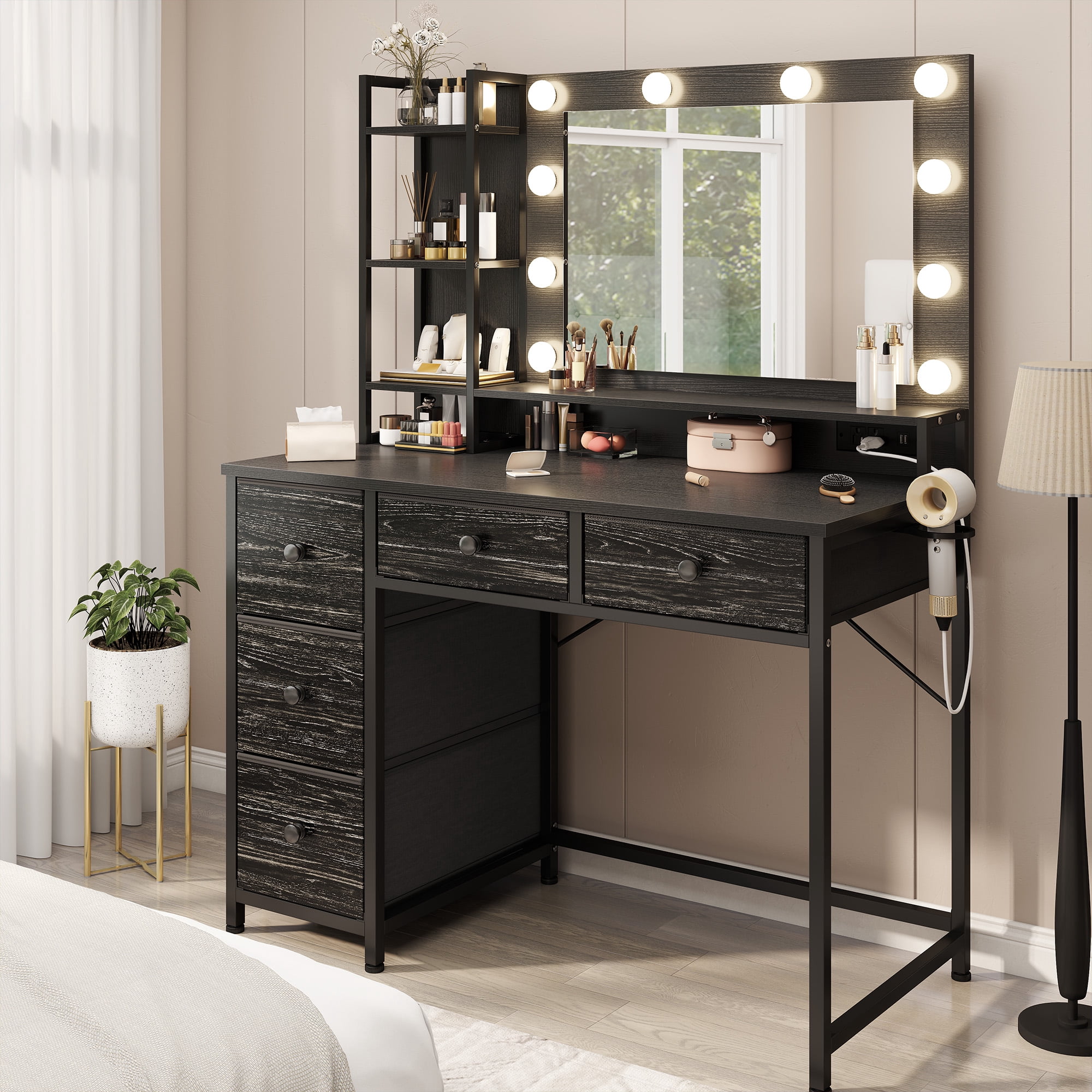 Black Vanity with Mirror and Lights Makeup Vanity Desk with 5 Fabric Drawers Dressing Table with Storage Drawers for Bedroom