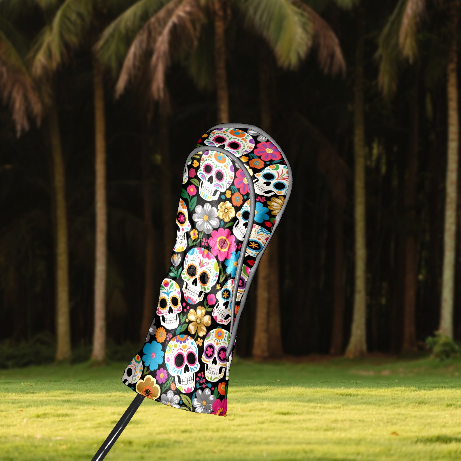 Golf Head Covers Colorful Flower Skull Design for Driver, Wood & Hybrid, Premium Waterproof PU Leather with Plush Lining, Edgy Floral Golf Gifts