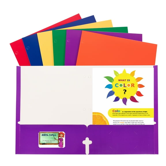 C-Line 2-Pocket Laminated Paper Folder with 3-Hole Punch, Assorted Primary Colors, Pack of 50