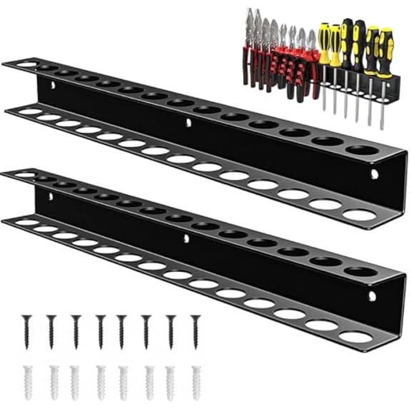 2 Pcs Screwdriver Organizer Wall Mount, 15.7 in Metal Garage Tool Storage Rack, Carbon Steel Screwdriver Holder with Multiple Hole Design for Screwdrivers Pliers