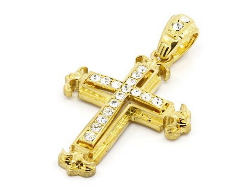 Gold Iced Out Cz Sharp Sides Cross Pendant Hip-Hop 24" Inch Cuban Necklace Chain 
