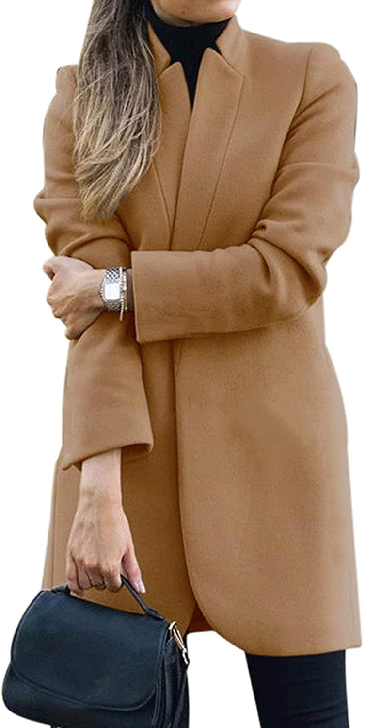 Trieskull Women Peacoat Trench Coat Casual Mid Long Overcoat Lapel Open Front Slim Fit Winter Blazer Cardigan Outwear 
