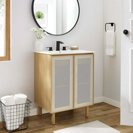 Modway Calla 24" Perforated Metal Bathroom Vanity in White Oak