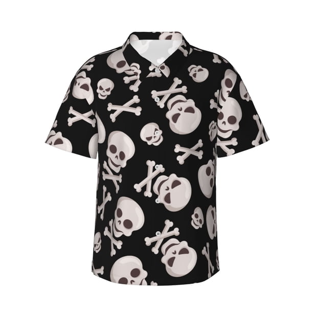 Balery black white Skull bone Camisas hawaianas de manga corta para hombre, camisas playeras de corte holgado, camisas de vacaciones con botones,Large