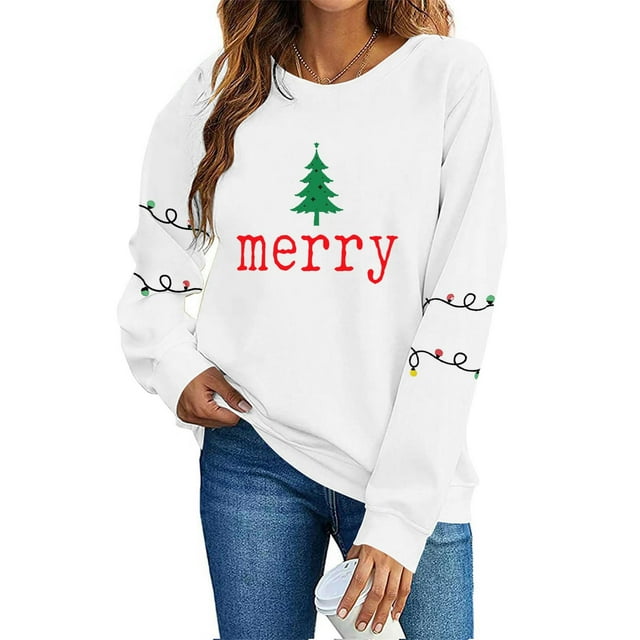Merry Sweatshirts for Women, Long-Sleeved Merry Christmas Printed Top