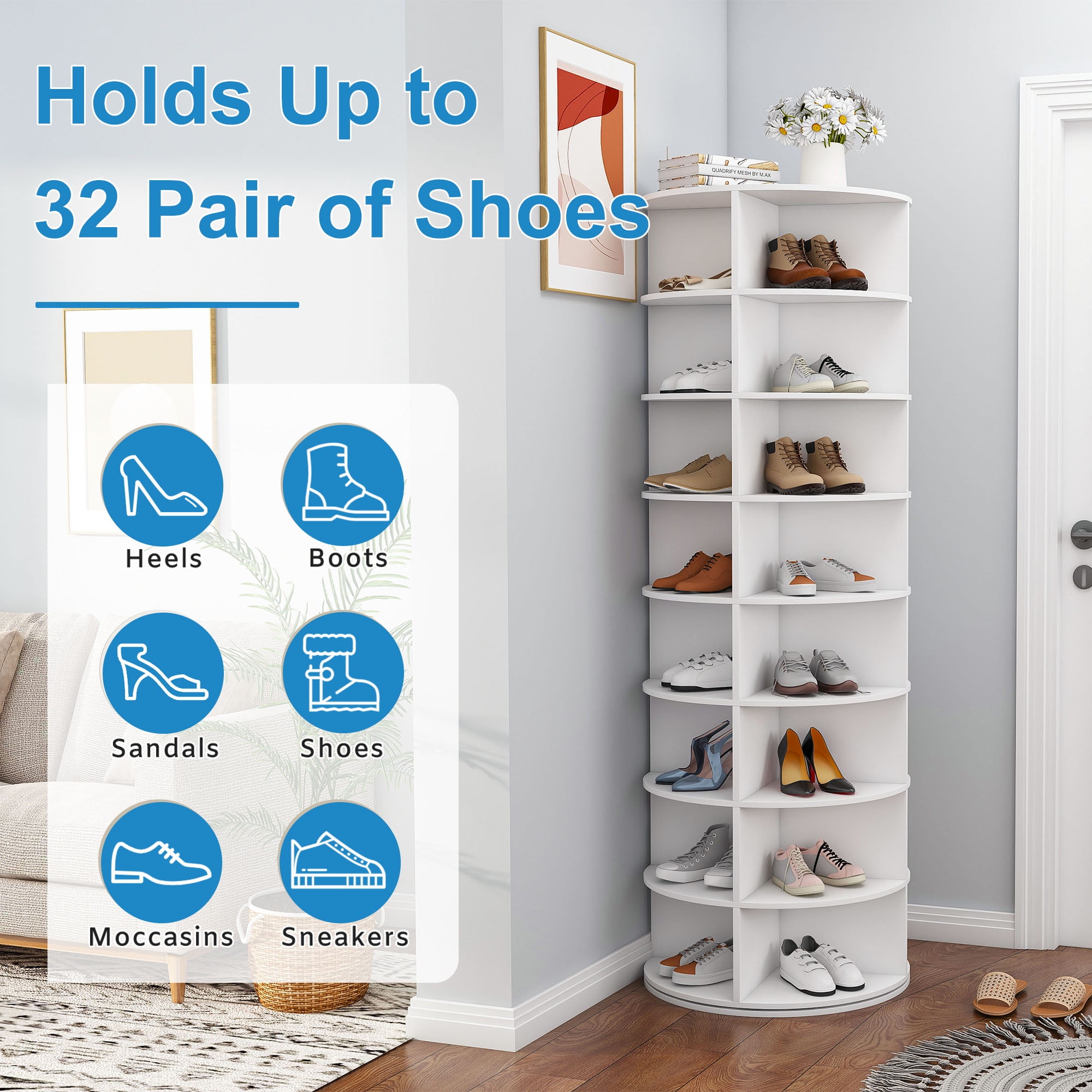CQSXDA Rotating Shoe Rack Tower in White, 8-Tier Free Standing Revolving Organizer Holds Up to 32 Pairs of Shoes