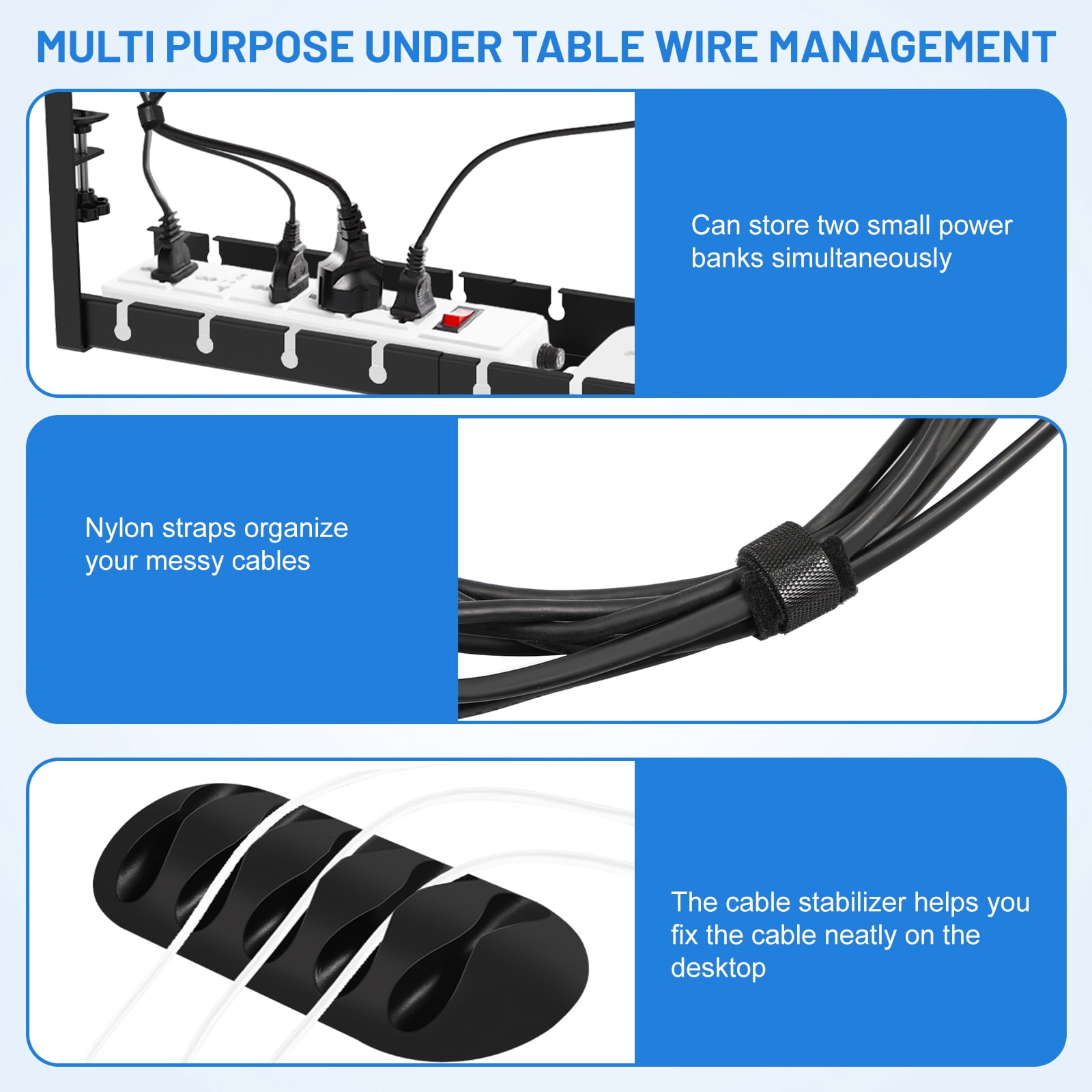 No Drilling Extendable Under Desk Cable Management, Metal Cable Management Tray Under Desk with Clamp, Retractable Power Strip Cord Holder for Wire Management from 11.8"-21.6 "