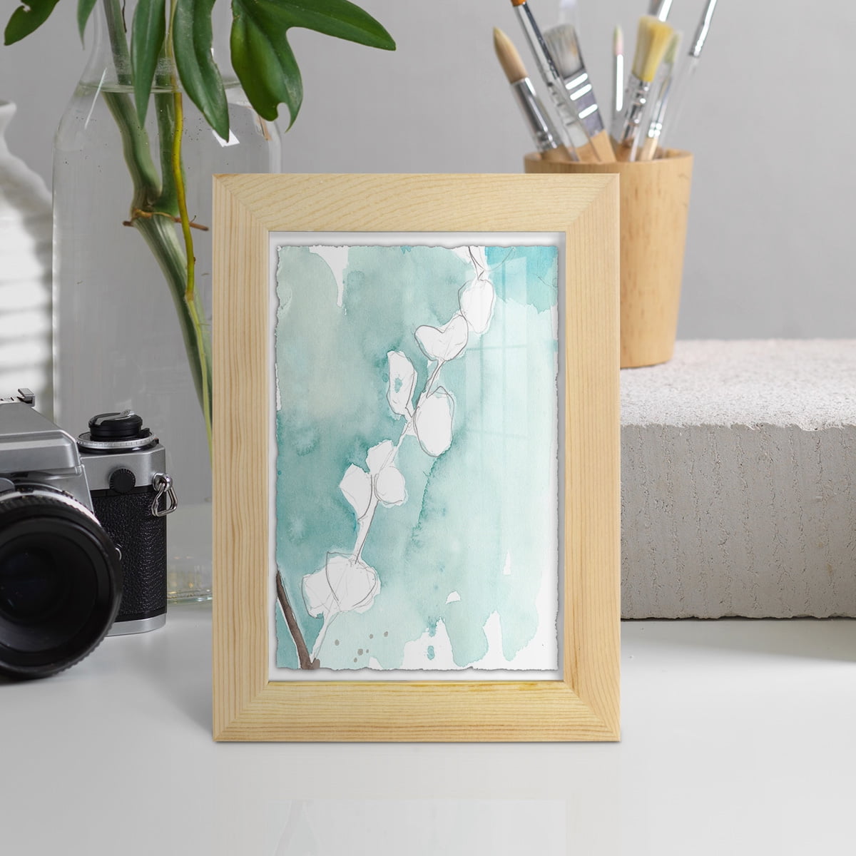 Ginkgo on Dusty Teal V - Framed Print w/glass - Natural Wood