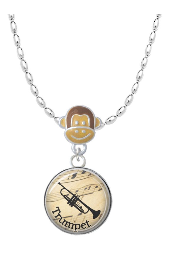 Silvertone Domed Music - Trumpet Mia Monkey Charm Necklace