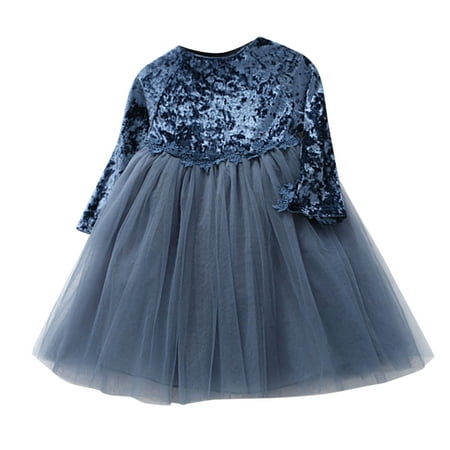 

Kids Toddler Girls Long Sleeve Patchwork Solid Tulle Dress Princess Dress Outfits