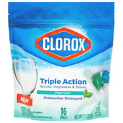 Clorox Triple Action Dishwasher Detergent Pacs, 16 Count Dishwashing Pacs, Fresh Scent