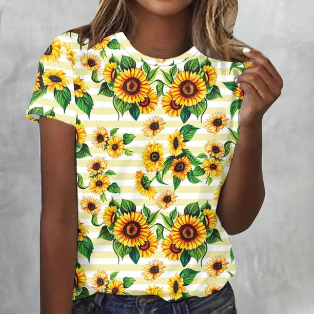 Fiudx Camisetas para Mujer Mujer Verano Ocio Moda Estampado de Flores Cuello Redondo Manga Corta Top/Camisa
