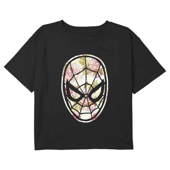 Girl's Marvel Spider-Man Floral Print Graphic Cropped T-Shirt Black X Large