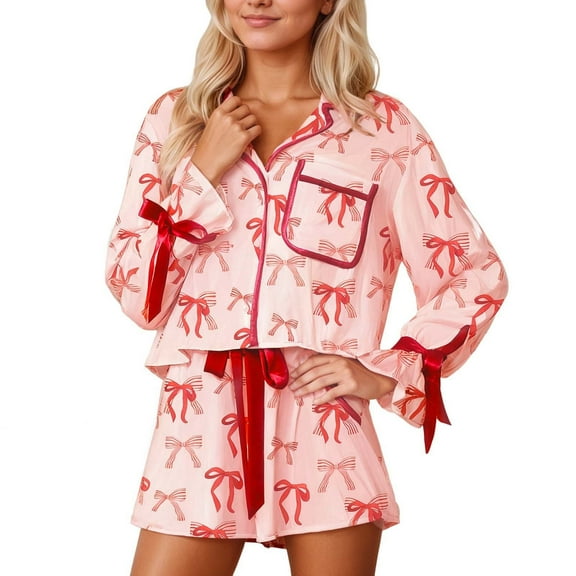 SJLDQY Valentines Women's Pajamas Set 2 Peice Pjs Set for Women Valentine's Day Bowknot Graphic Long Sleeve Pajama Tops Pants Soft Comfy Homewear Sleepwear Outfits