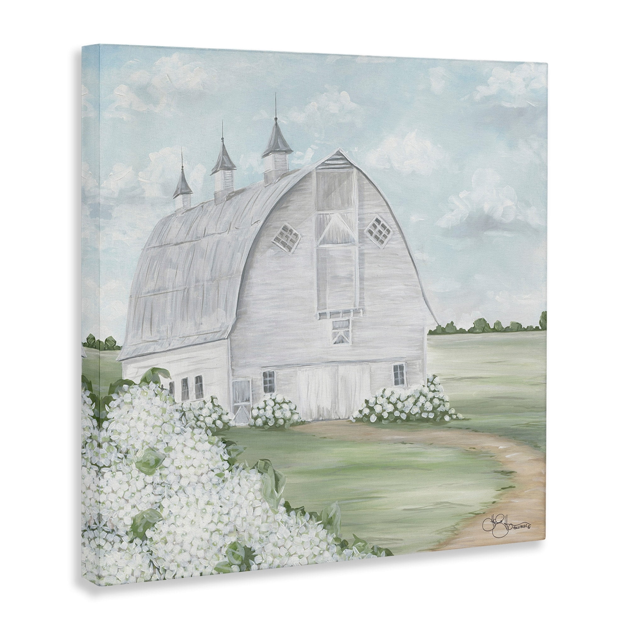 Stupell Industries Soft Country Landscape White Barn and Hydrangeas,24 x 24,Designed by Hollihocks Art
