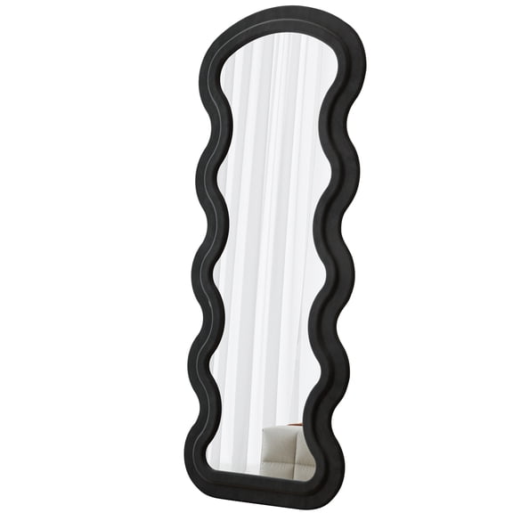 Full Length Mirror Standing, Wavy Irregular Shape with Flannel Cover, Floor Mirror for Bedroom, Living Room, Vertical or Leaning Use, Black