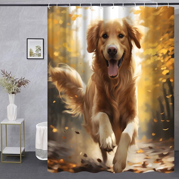 Cute Golden Retriever Shower Curtain, Dog Running in Fall Forest with Yellow Leaves, Lovely Animal Watercolor Bathroom Decor 36"W x 72"H