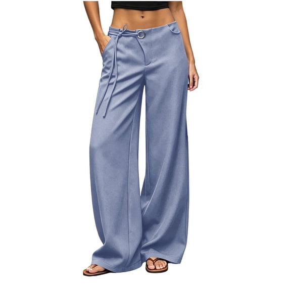 QIYAGBSA Wide Leg Pants for Women Drawstring Waist with Grommet Detail Side Pockets Relaxed Fit Casual Summer (Light Blue L)