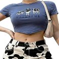 thumbnail image 1 of Femmes Été Manches Courtes Vache Lettre Impression Slim Fit Exposé Nombril T-Shirt Tops, 1 of 6
