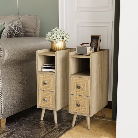 Pusnapku Nightstand Set of 2, Narrow Bedside Table with Drawers, Open Storage, Mid-Century Wooden End Table, Accent Cabinet for Bedroom, Living Room
