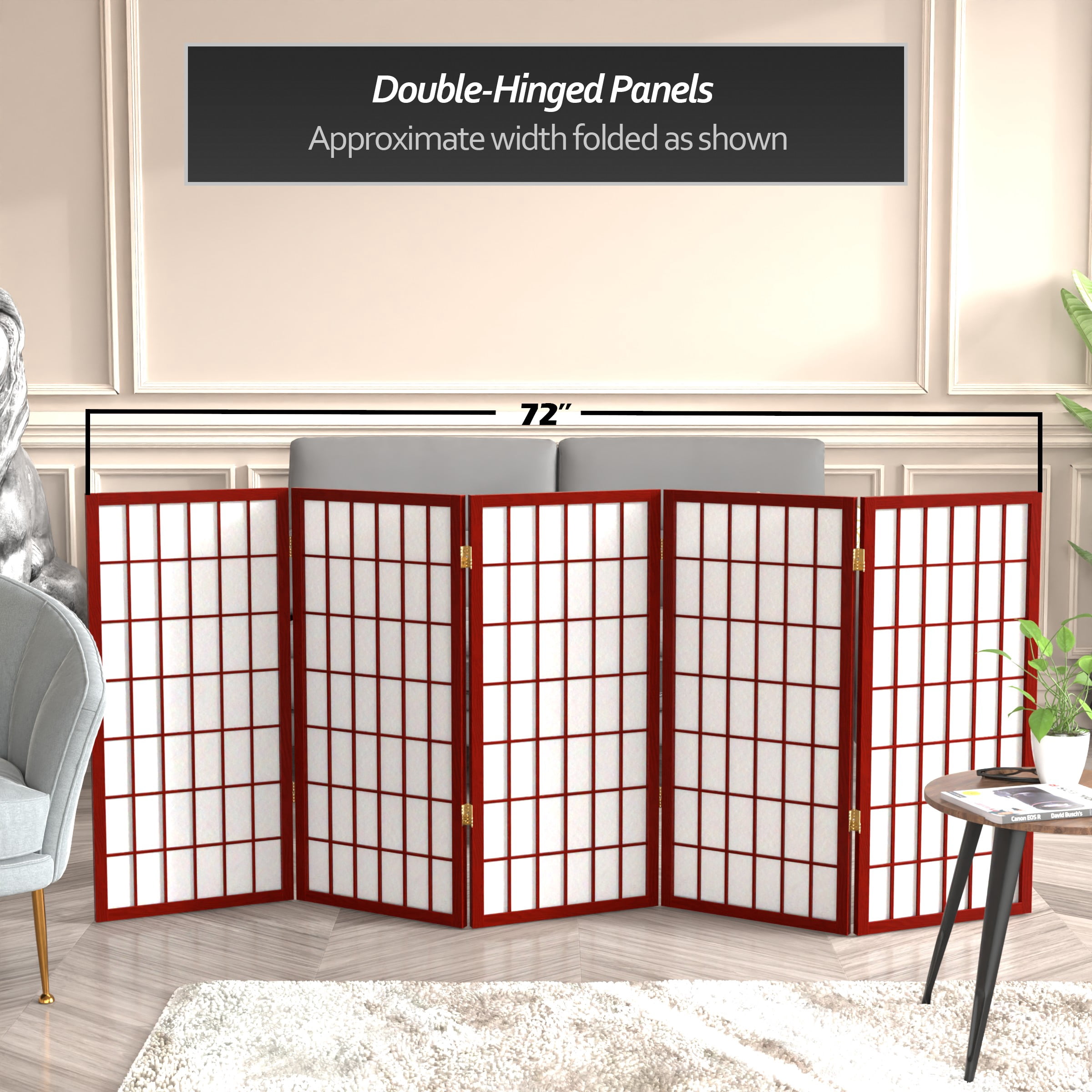 Red Lantern 3 ft. Short Window Pane Shoji Screen - Rosewood - 5 Panels