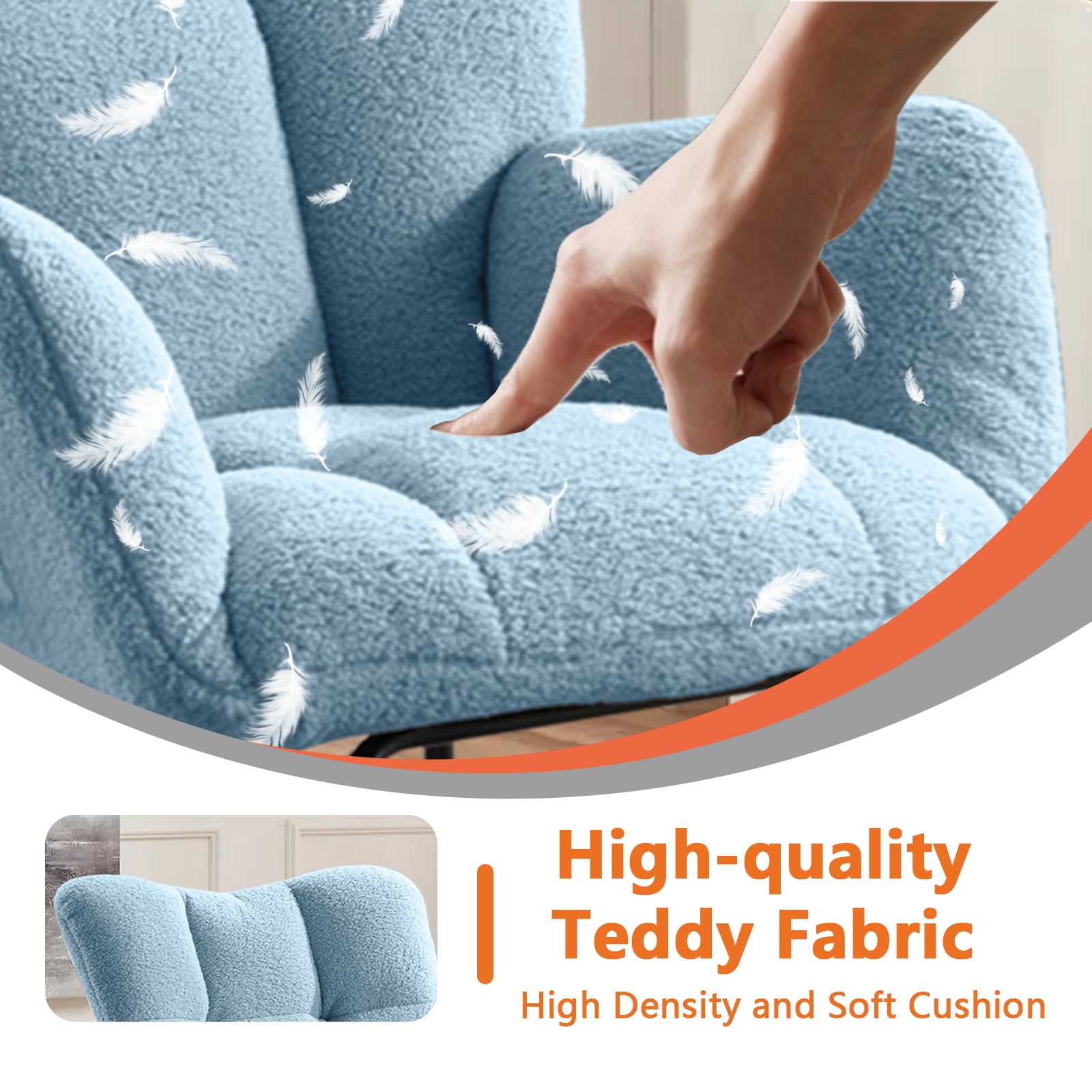 SENCHO GINSYTALIOR Nursery Rocking Chair Teddy Upholstered Glider Rocker,Rocking Accent Chair Padded Seat with High Backrest ,Solid Wood Legs for Nursery Bedroom Living Room(Blue）