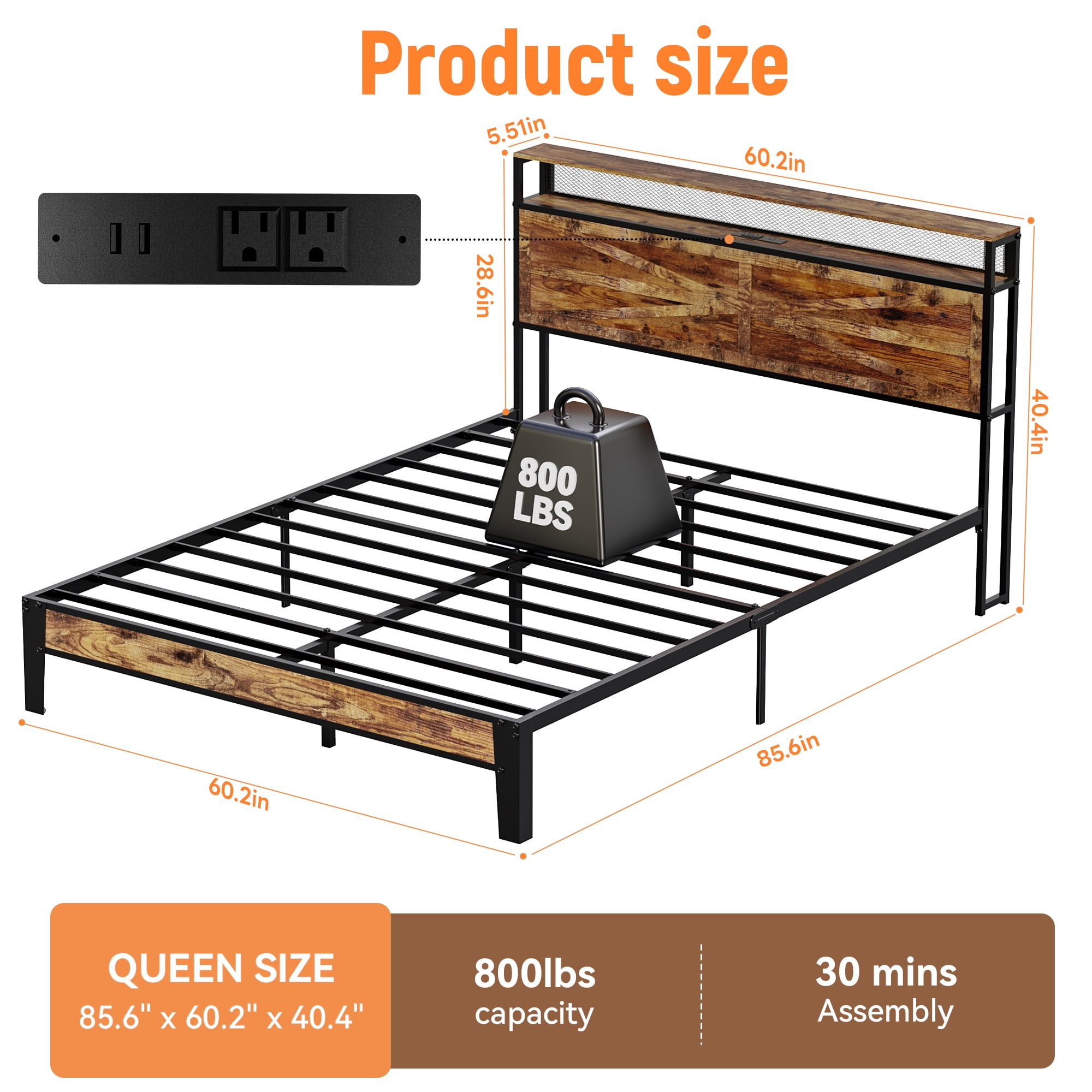 BEHOST Twin Bed Frame Heavy Duty Metal Platform with Headboard Shelf USB and Power Outlets Vintage Brown