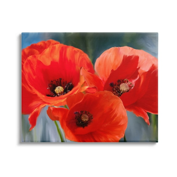 Bold Red Poppy Flower Trio Botanical & Floral Painting Gallery Wrapped Canvas Print Wall Art