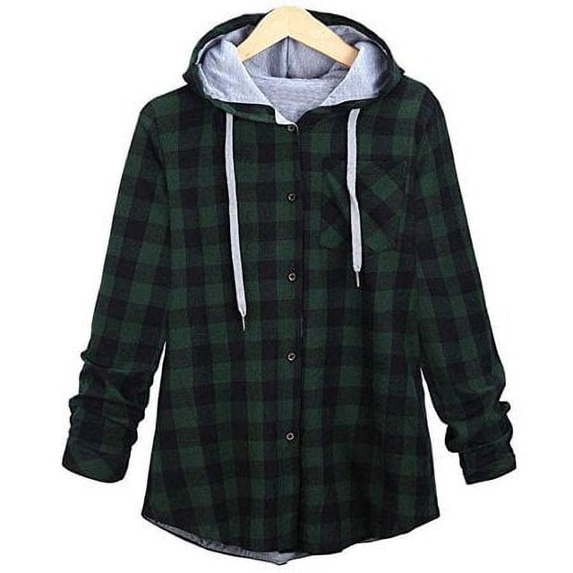 Dnzceghtig Camisa con Capucha Chaqueta A Cuadros para Mujer Manga Larga con Botones Top Casual Moda Estilo Novio Bolsillos Superiores