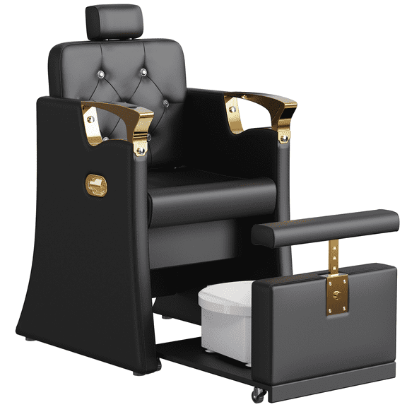 KIGOTY Reclining Pedicure Chair No Plumbing, Pedicure Station with Foot Bath & Hidden Platform, Adjustable Nail Salon Chair for Manicure Pedicure，Black-Gold