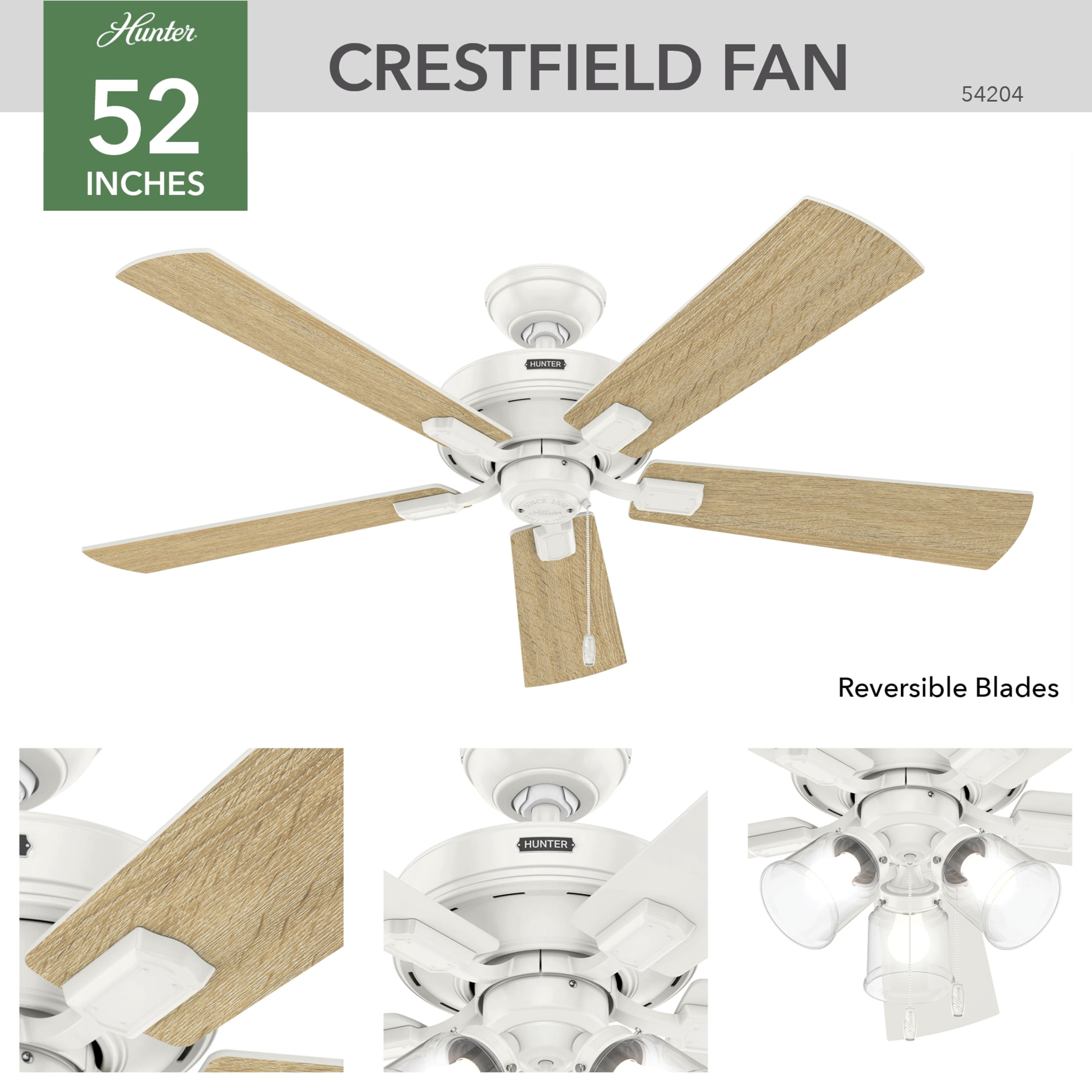 Hunter 52 inch Indoor Ceiling Fan with LED Lights and Pull Chain - White Ceiling Fan, 5 Blades, Standard Mount, For Bedroom, Living Room, or Kitchen, 3 inch Downrod - Crestfield 54204, Fresh White