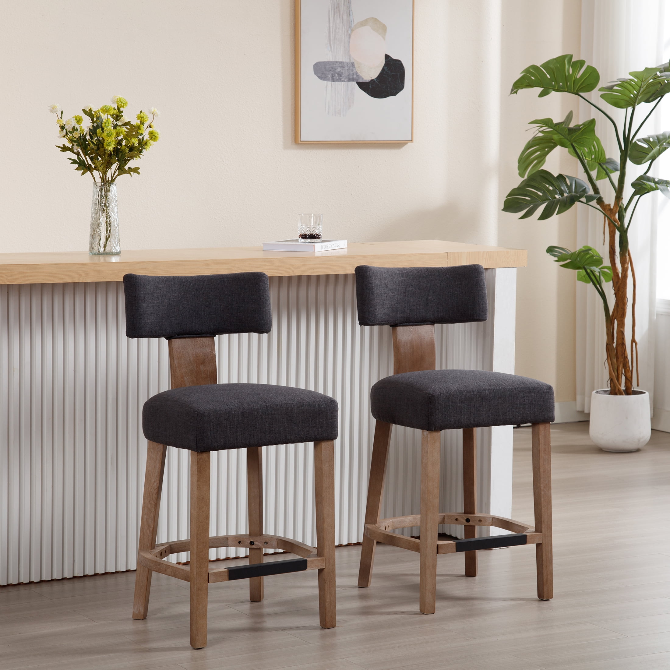 Guyou 26" Bar Stool Set of 6, Modern Linen Upholstered Counter Height Barstools with Hardwood Frame, Wooden Farmhouse Kitchen Island Chairs for Bar Restaurant, Charcoal