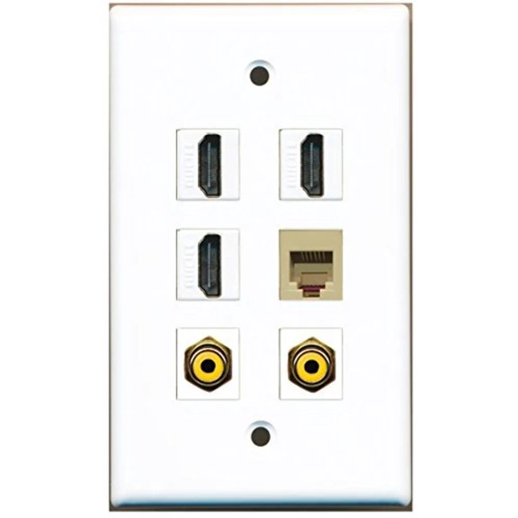 RiteAV - 3 HDMI 2 Port RCA Yellow 1 Port Phone RJ11 RJ12 Beige Wall Plate