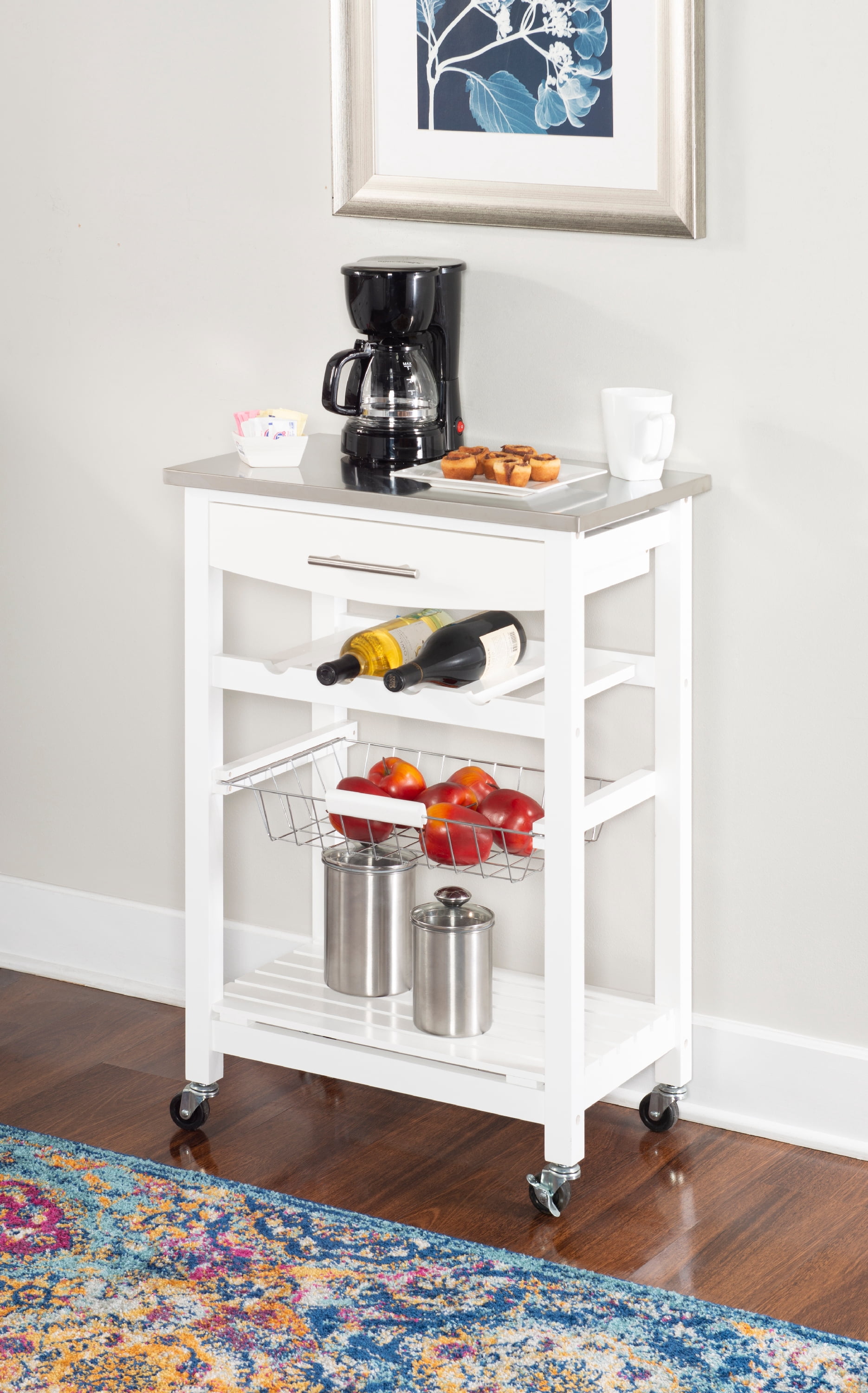 Linon Corbari 4-Tier Mobile Serving Cart with Stainless Steel Top, 22.75" Length, White