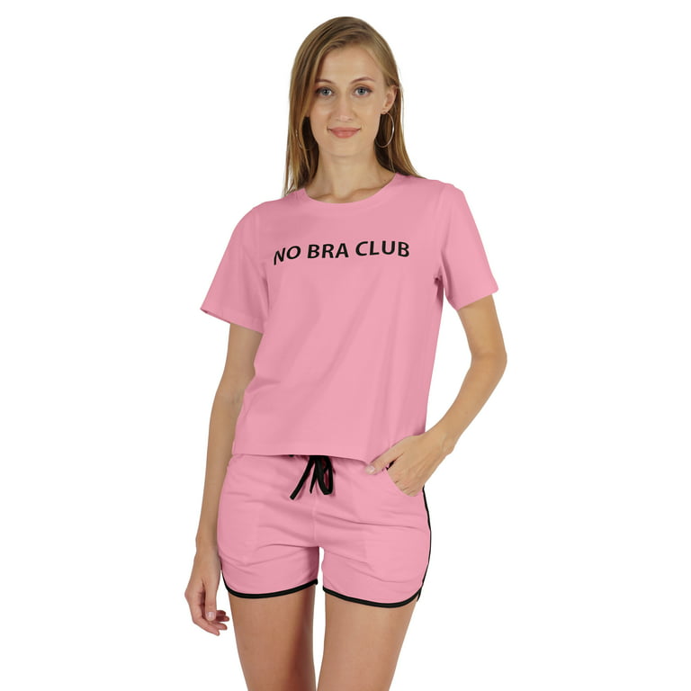 Inkmeso Women's Short Sleeve No Bra Club Go Braless Funny No Bra Day  Nightwear Set