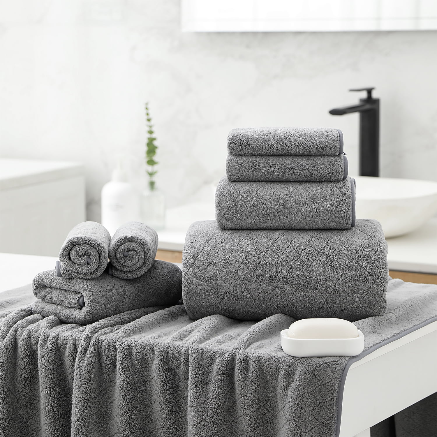 Smuge 18 Pcs Bath Towel Sets, Include 6 Bath Sheet Towels, 6 Hand Towels, 6 Washcloths, Soft Microfiber Highly Absorbent Shower Towel for Bathroom Gym Spa(Dark Gray)