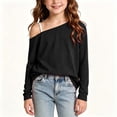 thumbnail image 2 of Girls Asymmetric off Shoulder Long Sleeve Tee, Solid Color One Shoulder Casual Blouse, Soft Lightweight Top Black 12-13 Years, 2 of 9
