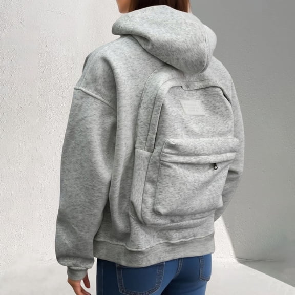 Creative Travel Hoodie with Backpack, Unisex Zipper Backpack Hoodie Sweaters Solid Sweatshirt (Light Gray 2)