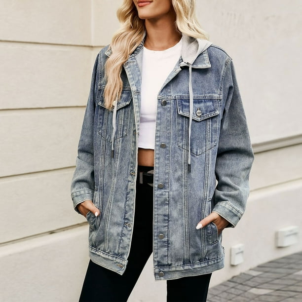 Chaqueta vaquera con capucha y manga larga para mujer, de color liso, con solapa y manga larga, a la moda