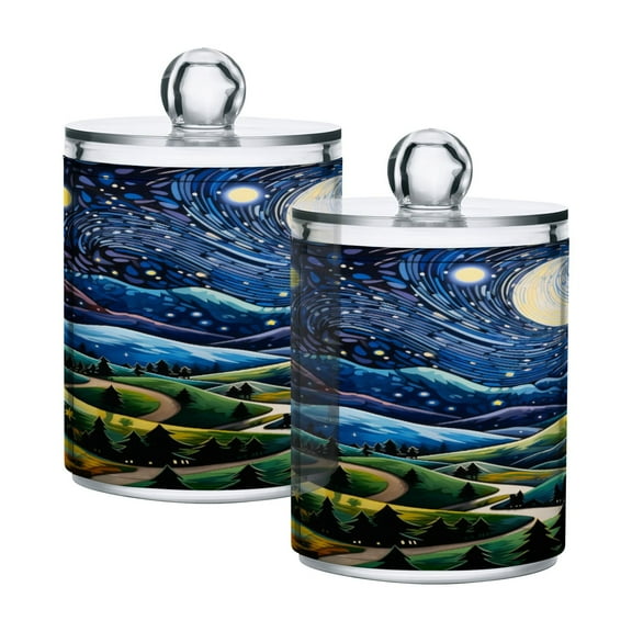 2 Pack Qtip Holder Dispenser Forest Moon Stars Clear Plastic Storage Apothecary Jars for Cotton Swabs Balls Pads Floss
